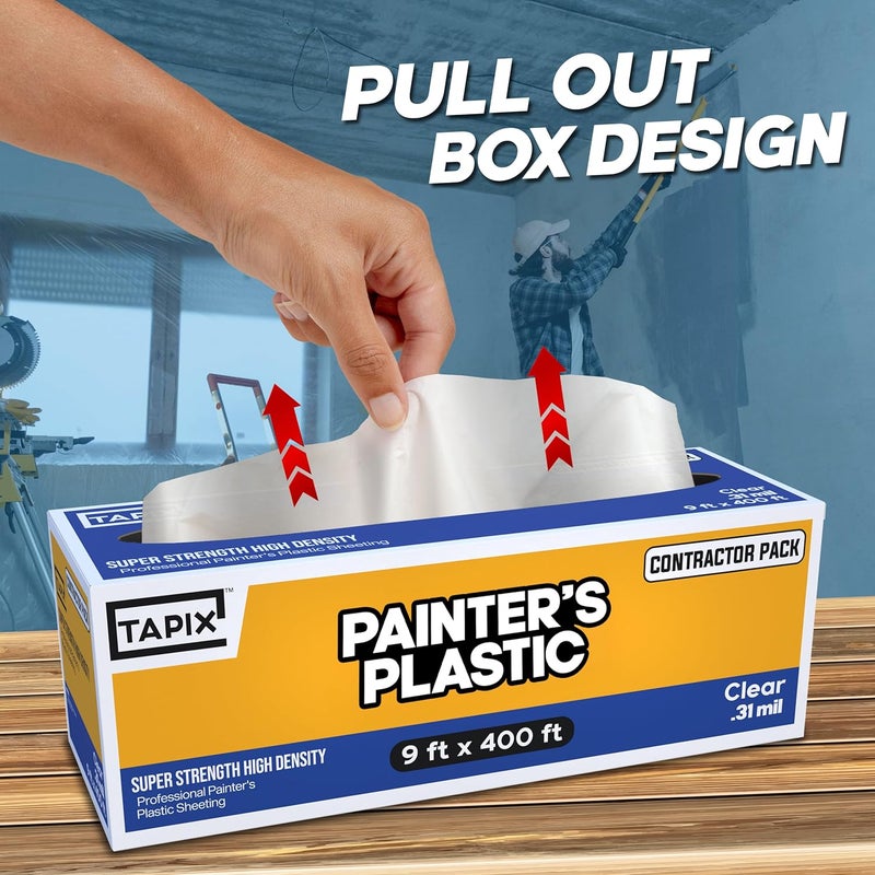 TAPIX Painter's Plastic Film, 400' Length x 9' Width High, High Density Painters Plastic Sheeting Roll in Box with Dispense Hole for Easy Paint Plastic Covering - Image 3